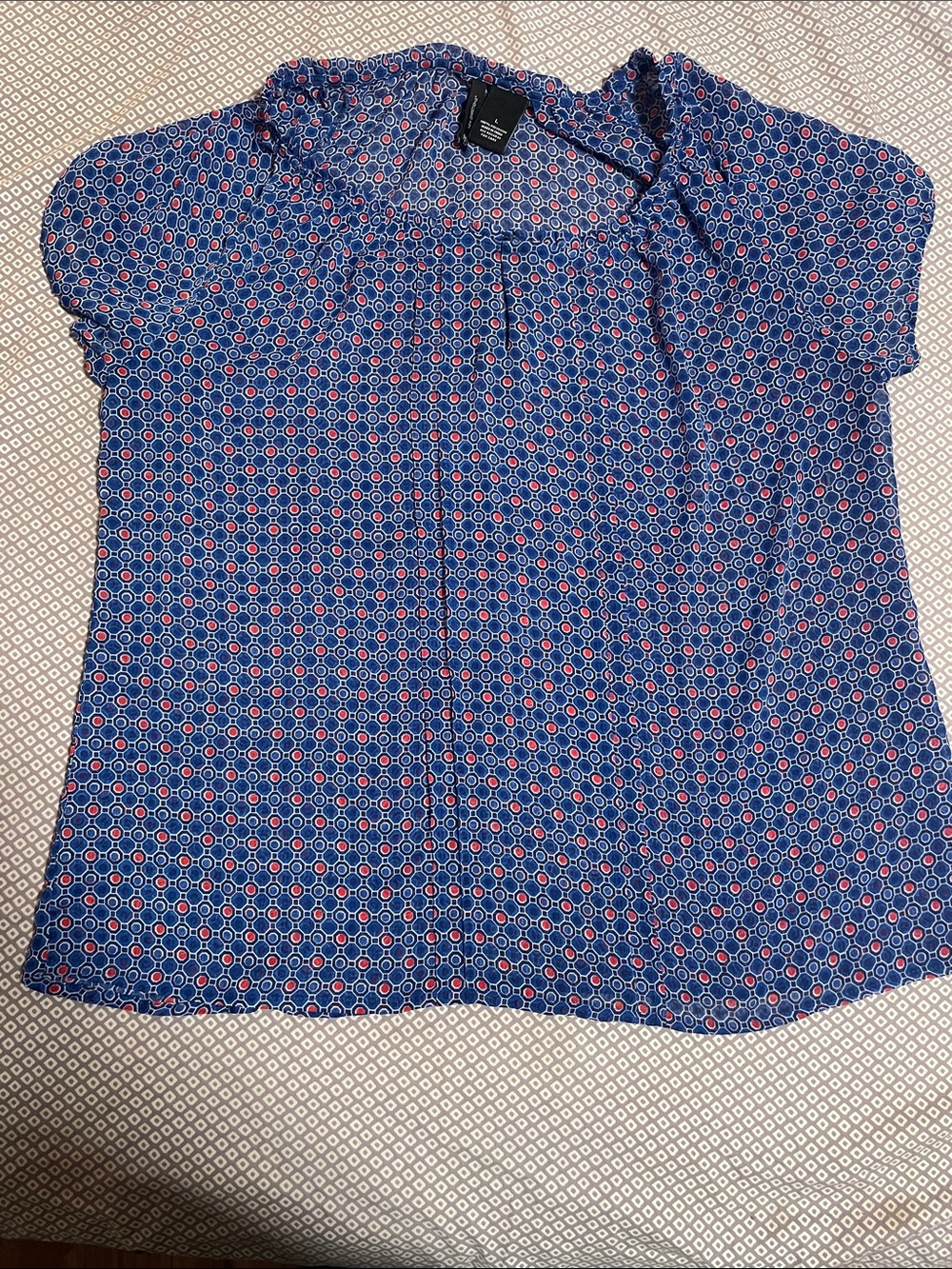 new directions Blue Geometric Short Sleeve Blouse with Pink Accents